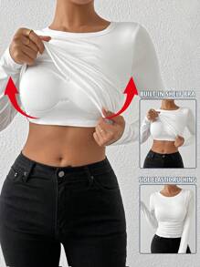 Zielony 女士圆领长袖加厚修身 T 恤，春夏季 T 恤 - 白色 - 查看 1