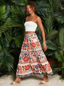 Travachic Floral Print Ruffle Hem Summer Beach Women's Skirt - Multicolor - View 5