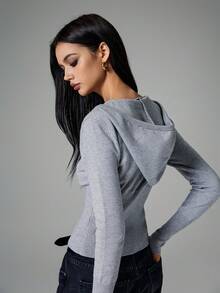 SHEIN Frenchy Áo khoác cardigan trùm đầu có khóa kéo, tay dài, bó sát, quần áo nữ, quần áo mùa thu, quần áo mùa đông, màu trơn, áo nỉ thiết kế đơn giản, áo len xám, áo Y2k FW24 - Xám - Xem 7