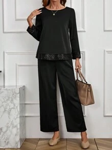 EMERY ROSE 2 件套女士纯色蕾丝拼布圆领长袖上衣和裤子优雅套装 - 黑色 - 查看 1