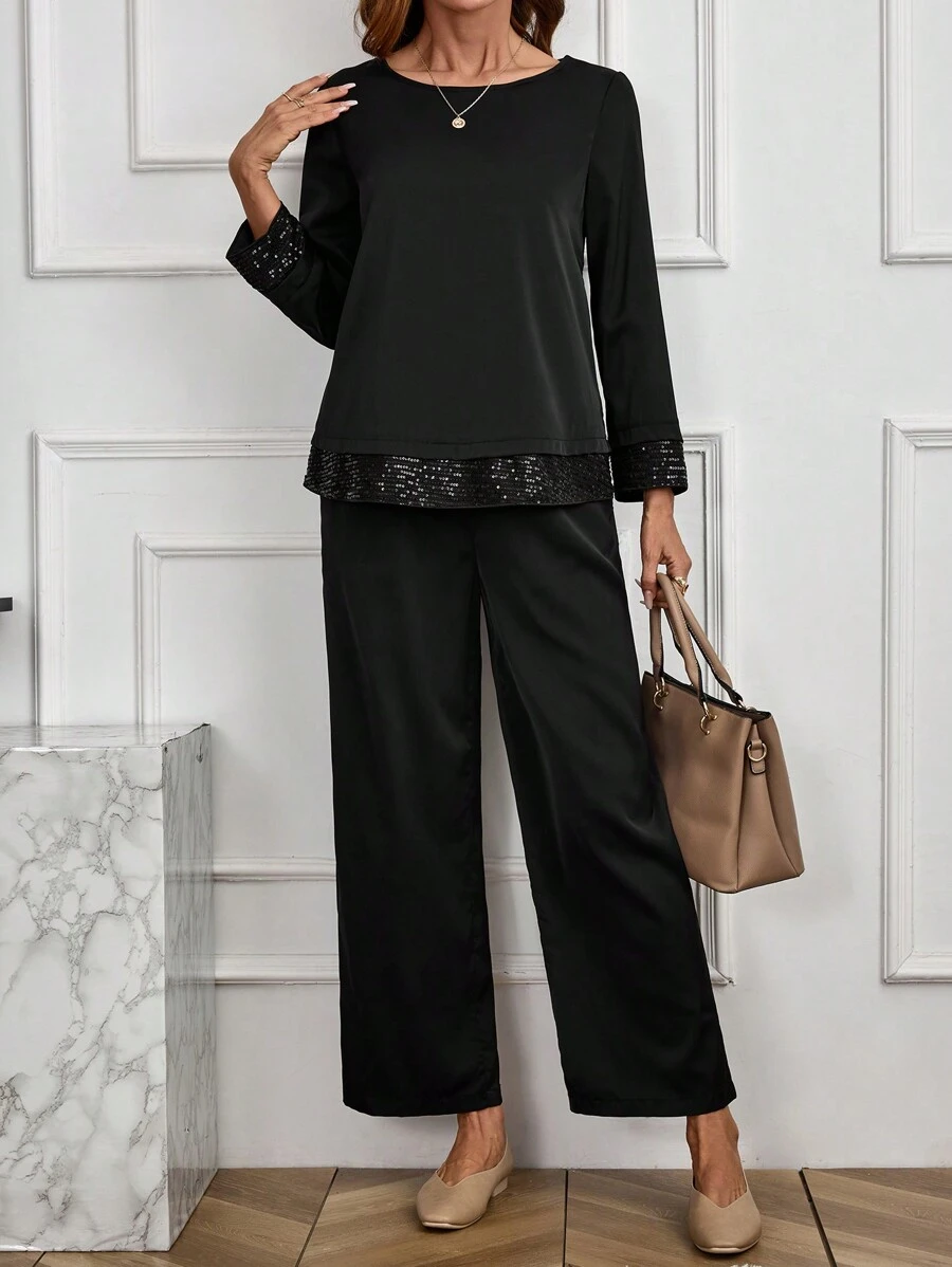 EMERY ROSE 2 件套女士纯色蕾丝拼布圆领长袖上衣和裤子优雅套装 - 黑色 - 查看 1