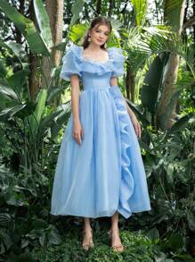 Vestido de fiesta de graduación Faeriesty con cuello cuadrado, mangas abultadas, volantes y organza. Perfecto para volver al colegio, reuniones, bailes y eventos de cóctel - Celeste - Ver 6
