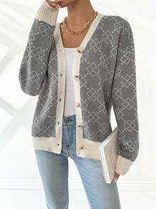 Chiquease Cárdigan de mujer casual de primavera y otoño con patrón geométrico de color contrastante