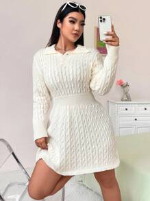 Calvaya Vestido de punto de manga larga de unicolor y simple para uso diario para mujeres de talla grande - Albaricoque - Ver 3