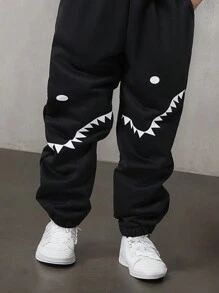 2pcs Tween Boy Funny Shark Teeth Print Hooded Sweatshirt And Print Sweatpants Set, Autumn/Winter - Black - View 6