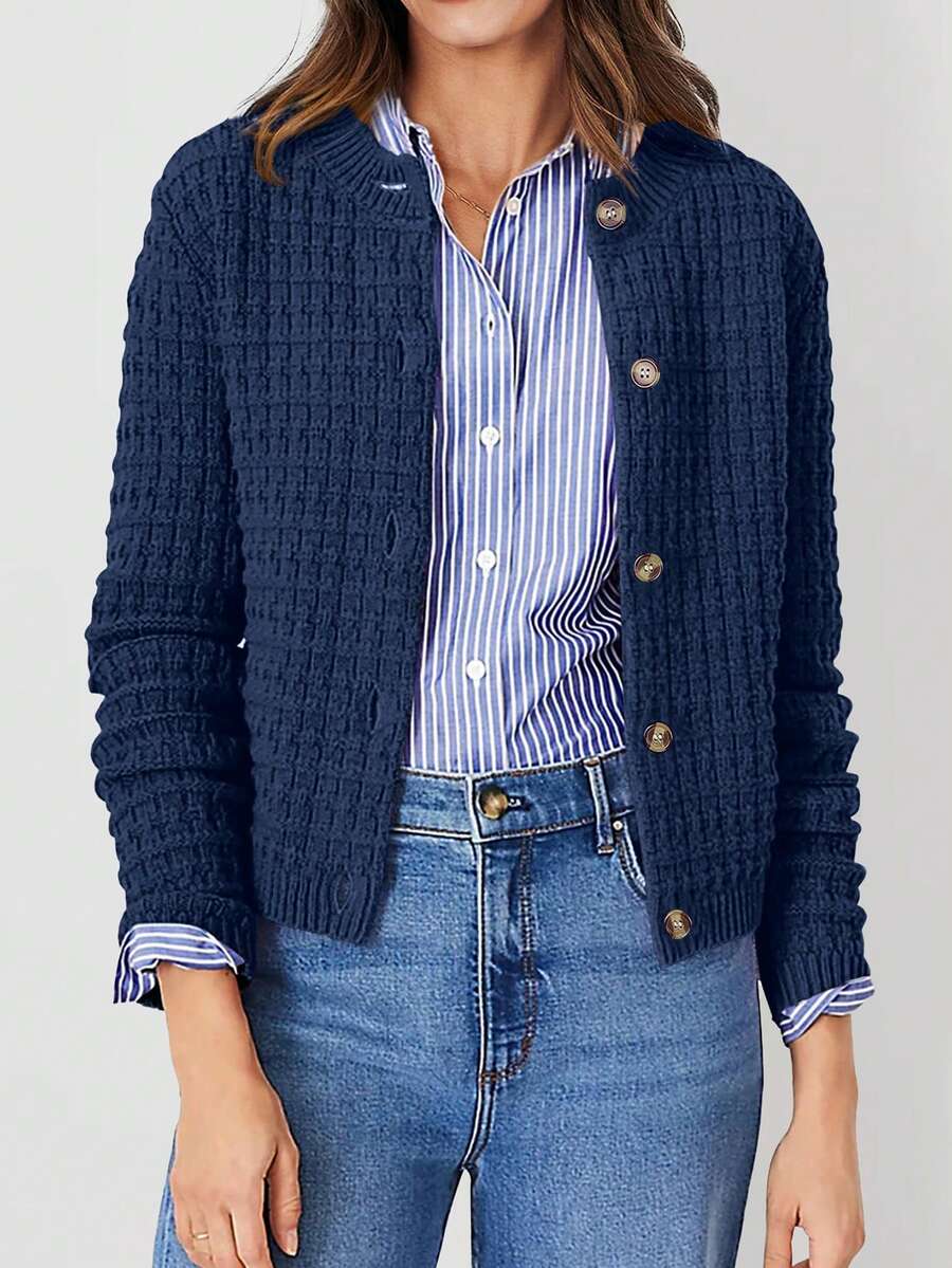 Áo len cardigan dệt kim kiểu dáng công sở thanh lịch, giản dị, dành cho nữ, tay dài - Màu xanh hải quân - Xem 1