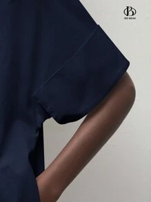 BizChic 女士休闲纯白色不透明立领纽扣前开襟衬衫裙，宽松纯棉，简约风格，适合日常休闲、通勤、商务休闲、办公室穿着 - 藏蓝色 - 查看 8