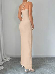 Chiquease Váy len dài trang trí hoa 3D Cami Bodycon cho kỳ nghỉ - Màu Khaki - Xem 2