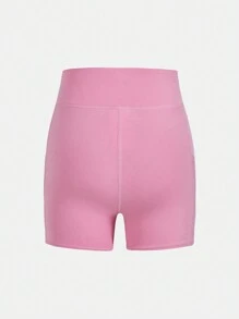 2 pièces Short cycliste en tricot unicolore pour préadolescentes, décontracté - Rose orangé - Voir 2