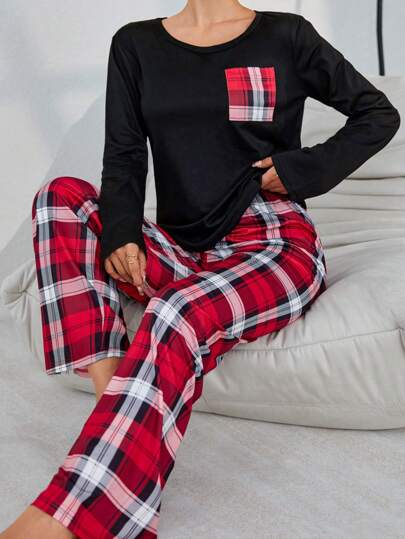 Women Round Neck Long Sleeve Contrast Top Plaid Pants Pajama Set, Fall Clothes Cozy Elegante