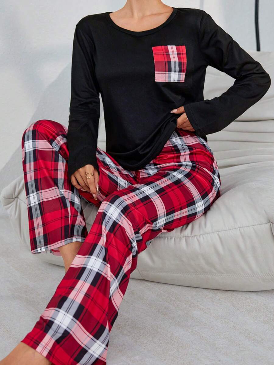 Women Round Neck Long Sleeve Contrast Color Top & Plaid Casual Pants Pajama Set, Fall Winter Clothes Cozy And Elegant Details