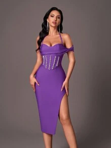 SHEIN Belle Elegant Purple Off Shoulder Bodycon Dress With Rhinestone Pearl Chain, Suitable For Wedding, Party, Graduation - Bodycon Design - Purple - View 6