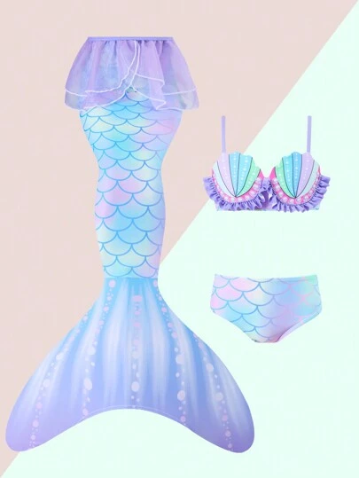 SHEIN 年轻女孩 3 件套印花比基尼套装带荷叶边，两件套，泳衣