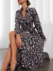 SHEIN Privé Elegant V-Neck Wrap Waist Design Animal Leopard Print Grey Long Sleeve Dress, Versatile Wear