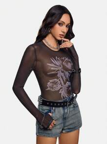 Anis Illustration Artist 女士性感深色花卉印花网眼衬衫，春夏，黑色，秋季女士，适合秋冬季，节日，情人节 - 黑色 - 查看 4