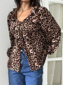 SHEIN EZwear Women's Long Sleeve Leopard Print Ruffle Tie-Waist Lantern Sleeve Loose Blouse