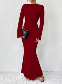 Almamuse 女士长袖喇叭袖纯色简约修身迷人优雅时尚柔软连衣裙酒红色长款女装 - 酒紅色 - 查看 5