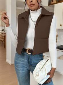SHEIN Frenchy Áo khoác mùa đông không tay khóa kéo phía trước màu trơn cho nữ - màu nâu - Xem 3