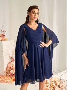 SHEIN Belle Women's Elegant Navy Blue V-Neck Chiffon Dress,Spring Wedding Guest Formal Party Bridesmaid Dresses With Asymmetrical Cape Sleeves,A-Line Applique - Blue - View 5