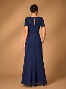 SHEIN Belle Elegant And Noble Navy Blue Sequined Lace Splicing Chiffon Fabric, Mid-Length Sleeves, Gathered, Sequined Pearl Three-Dimensional Appliques, Waist Section, Gathered, A-Line Hem, Wedding Event Occasion, Party, Formal Mother Of The Bride Dress, Evening Dress - Navy Blue - View 4