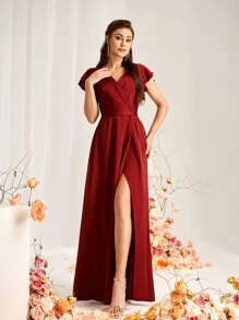 SHEIN Belle Vải satin đỏ tía thanh lịch và lãng mạn Cổ áo hình trái tim Xếp chồng Nếp gấp Trang trí thắt lưng Tay áo xếp nếp Xếp chồng Khe xẻ Viền chữ A Thích hợp cho các dịp cưới Váy phù dâu trang trọng - Màu Đỏ Sâu - Xem 3