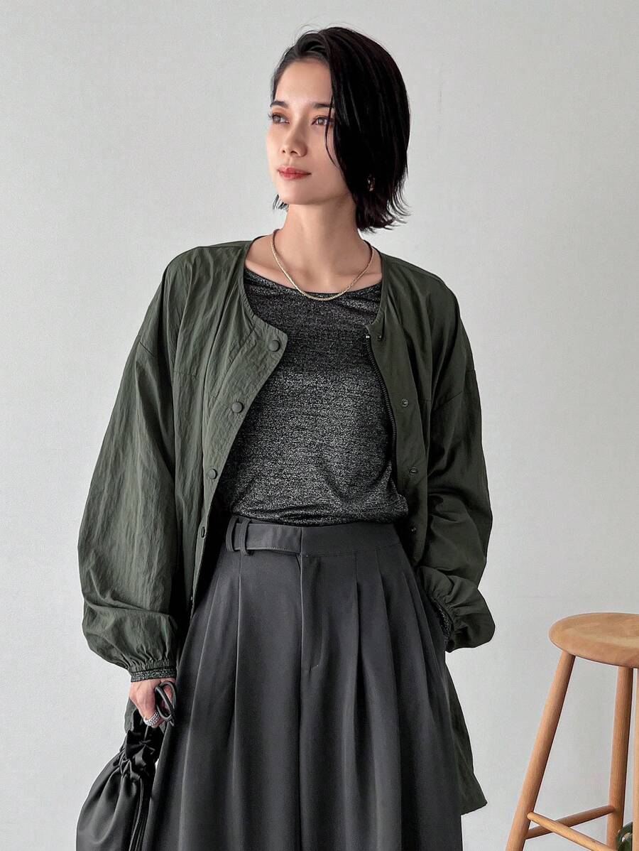 FRIFUL Women's Front Zip Button Long Sleeve Simple Casual Loose Regular Jacket, Daily Wear - Army Green - View 1