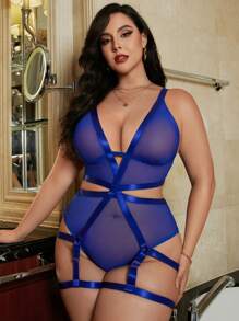SHEIN 1pc Plus Size Deep V-Neck Backless Sheer Mesh Sexy Bodysuit For Women - Royal Blue - View 5