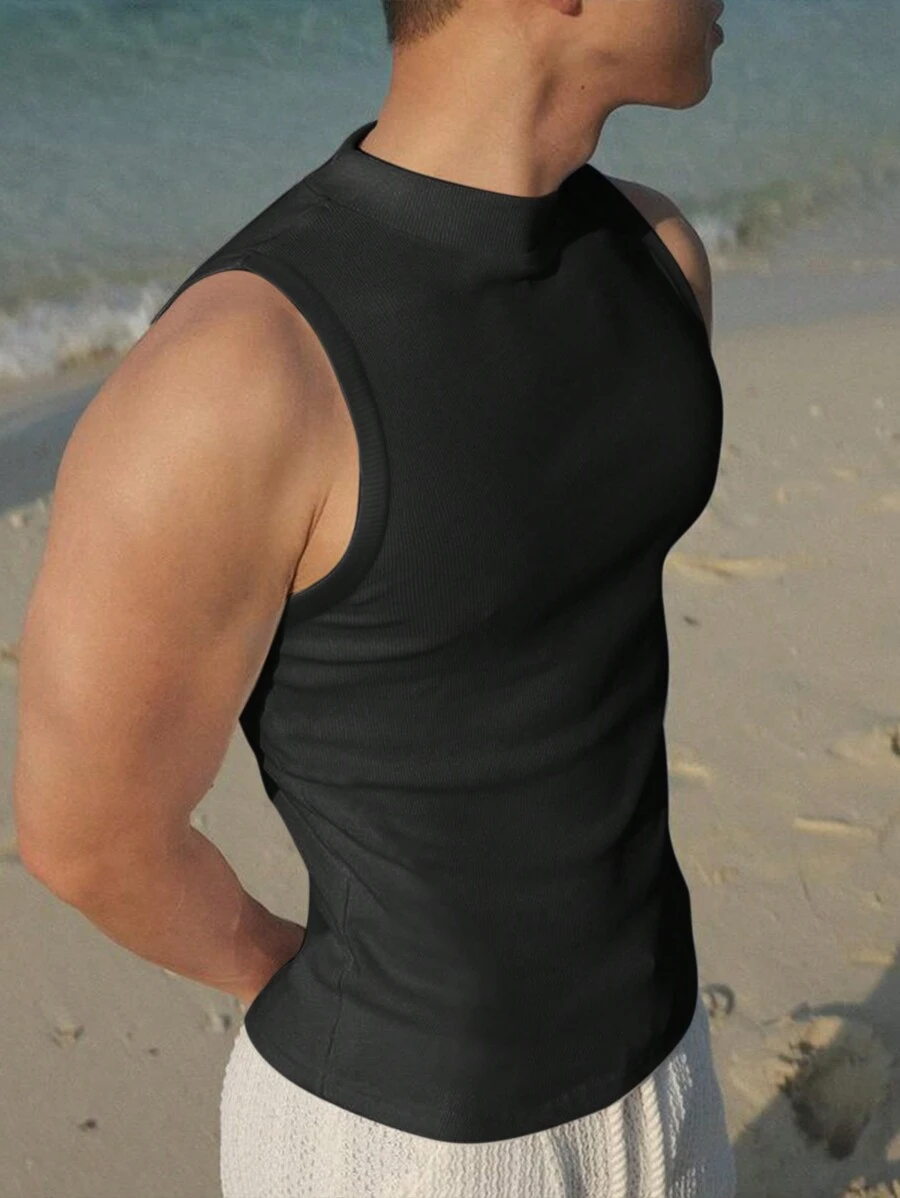 Manfinity Dauomo 男士纯色休闲立领黑色背心,夏季 - 黑色 - 查看 1