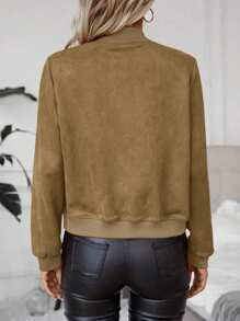 SHEIN Clasi Áo khoác nữ dài tay có dây kéo màu trơn phong cách tối giản - Màu Khaki - Xem 2
