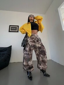 Flirla Plus Size Elastic Drawstring Side Pocket Camouflage Fashion Casual Pants - Multicolor - View 5