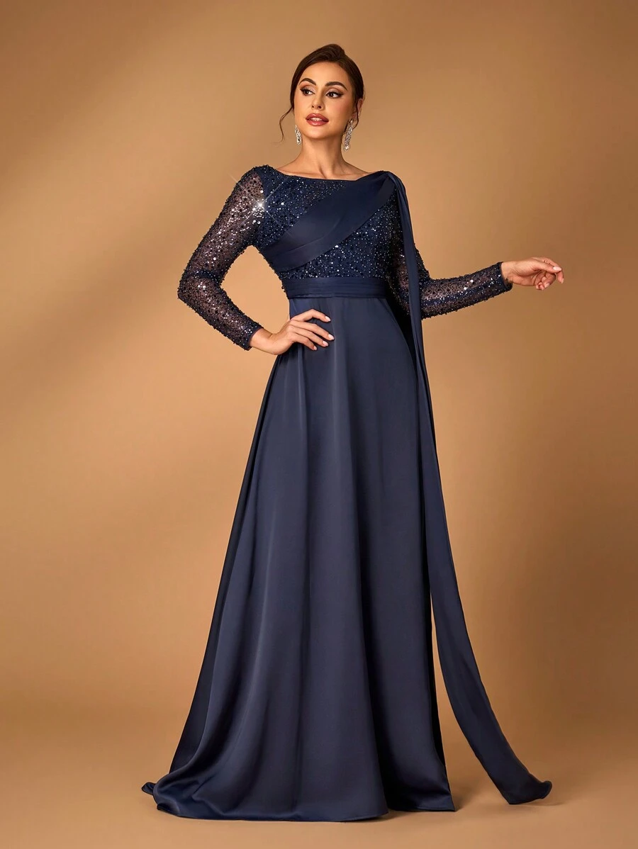 Serin 优雅华丽 藏青色 奢华 细闪粉珠子 亮片 拼接缎面 网眼飘逸 圆领 长袖 拼接网眼摆领 落叶开衩飘逸 宽松A字下摆 适合妈妈出席婚礼活动晚宴 正式妈妈装 晚礼服，新娘妈妈礼服