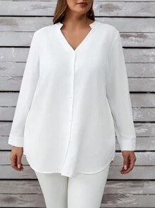 EMERY ROSE Plus Size Women's Casual V-Neck Button-Up Long Sleeve Shirt, Autumn/Winter - White - View 6