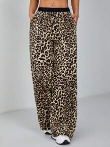 SHEIN PETITE Women's Leopard Print Woven Wide Leg Trousers - Brown - View 1