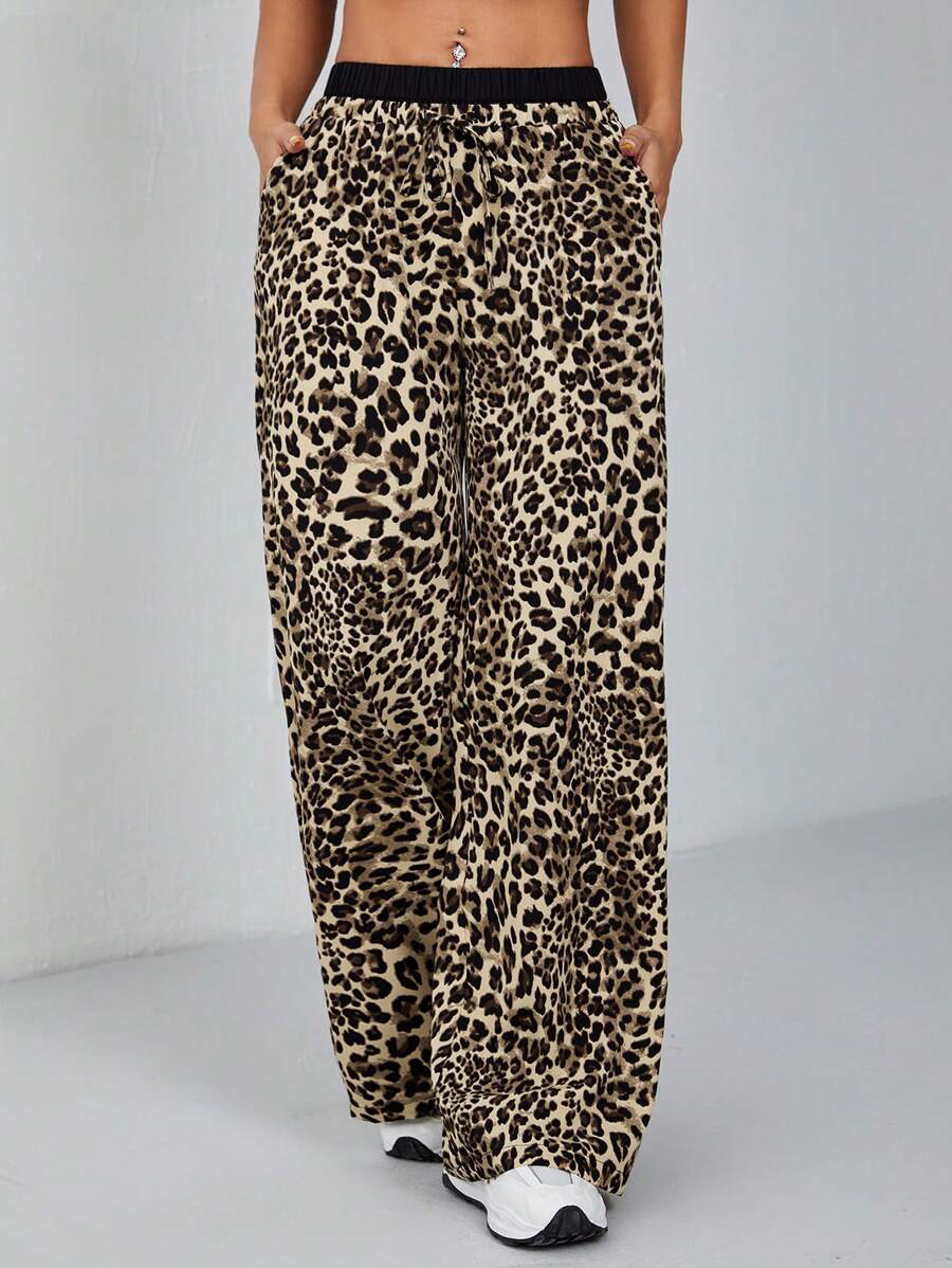 SHEIN PETITE Women's Leopard Print Woven Wide Leg Trousers - Brown - View 1