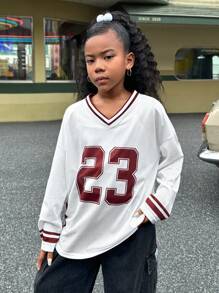 SHEIN Tween Girls Retro Collegiate Casual V-Neck Short Sleeve Blouse