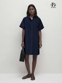 BizChic 女士休闲纯白色不透明立领纽扣前开襟衬衫裙，宽松纯棉，简约风格，适合日常休闲、通勤、商务休闲、办公室穿着 - 藏蓝色 - 查看 13