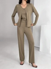 Modelyn Conjunto de 3 piezas para mujer: Chaqueta tipo cárdigan, Camiseta de tirantes y Pantalones casuales 2 piezas - Marrón - Ver 4