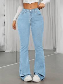 SHEIN ICON Women's Fashionable Solid Blue Denim Flared Pants