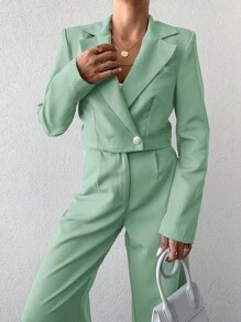 EURMUSE Solid Lapel Neck Blazer & Wide Leg Pants - Green - View 4