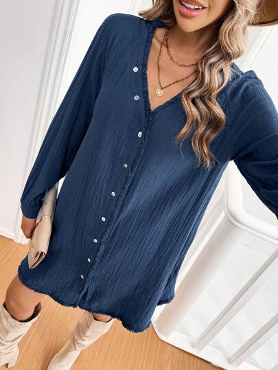 SHEIN LUNE Double-Layer Chiffon Casual Fringe Trim Short Long Sleeve Dress