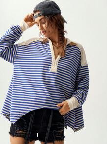 Bohemela Camiseta de manga larga holgada con escote delantero abierto, de punto a rayas azules y blancas, con bajo asimétrico, para mujer, otoño