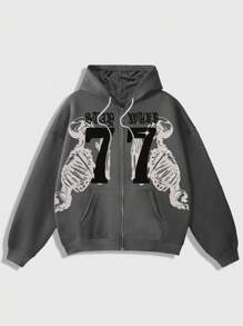 ROMWE MEN Goth Men's Numeric Print Hooded Long Sleeve Sweatshirt Sweatshirt - Grey - View 1