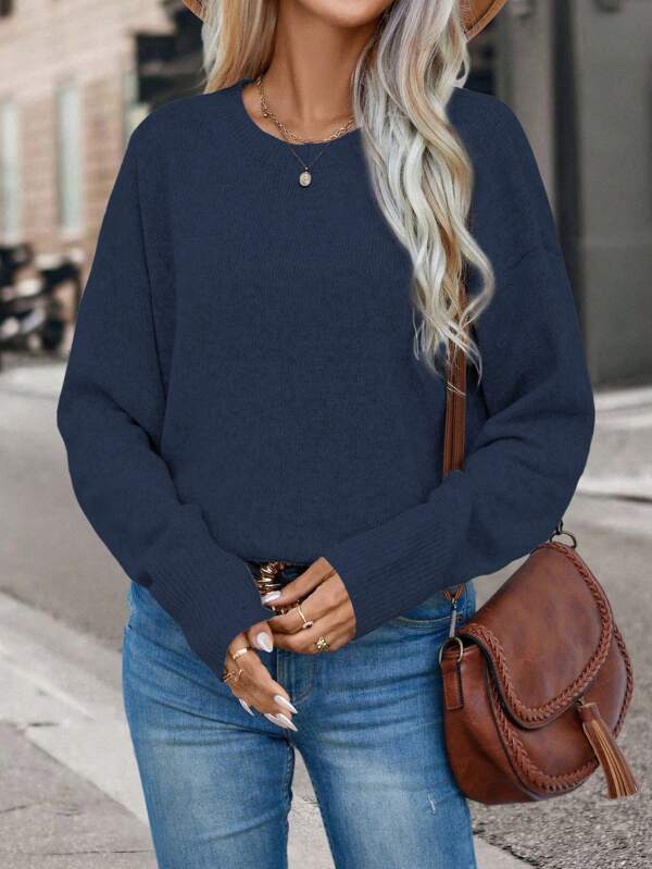 EMERY ROSE Casual Dropped Shoulder Solid Color Sweater, Spring/Autumn,Long Sleeve Tops Knit Pullover Fall Winter Outfit