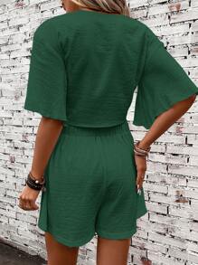 SHEIN Clasi 扭纹前蝴蝶袖短款上衣 & 短裤两件套 - 墨綠色 - 查看 2