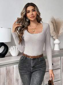 SHEIN Frenchy 休闲纯色罗纹针织修身毛衣，秋季/春季 - 杏色 - 查看 6