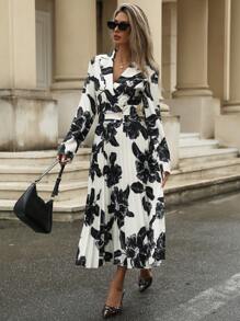 Aveloria Modichic Elegant Retro Sketch Monochrome Watercolor Random Print Modest Design Pleated Hem Straight Long Sleeve Dress For Women - Black and White - View 4