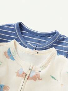 Cozy Pixies 2 Chiếc Sơ Sinh Bé Trai In Hình Hoạt Hình Màu Trơn Cổ Thuyền Dài Tay Áo Liền Quần Và Bộ Quần - Màu xanh lam - Xem 9