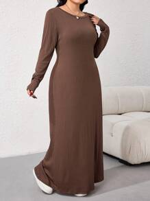 Mulvari Vestido de color liso de talla grande, primavera y otoño - Café integral - Ver 3