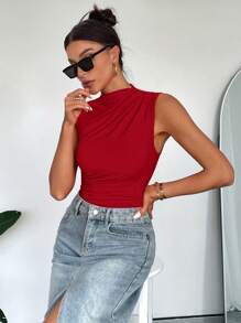 SHEIN Essnce Women's Summer Casual Stand Collar Pleated Sleeveless Bodysuit - Rose Red - View 5