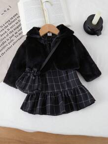 SHEIN Baby Girls' Black Fuzzy Jacket, Plaid Dress, Bow Decor, Crossbody Bag, Adorable, For Christmas - Black - View 1